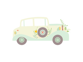 Vintage Car Decorated with Flowers, Wedding Retro Auto, Side View Vector Illustration