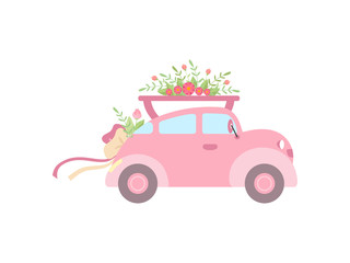 Cute Pink Vintage Car Decorated with Flowers, Wedding Retro Auto, Side View Vector Illustration