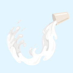 Flat illustration of pouring milk from a cup. Water flow. Vegetarian food without lactose. Vector element for menu, articles and your design.
