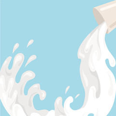Flat illustration of pouring milk from a cup. Water flow. Vegetarian food without lactose. Vector template for menu, articles, card and your design.