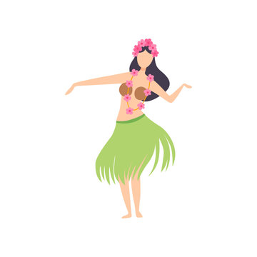 Hawaiian Girl in Grass Skirt Dancing, Young Woman in Bright Festival Costume, Masquerade Ball, Carnival Party Design Element Vector Illustration