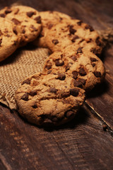 Chocolate cookies on wooden table. Chocolate chip cookies shot very delicious
