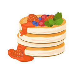 Pancakes vector illustration. Pancakes with berries and berry jam isolated on white background.