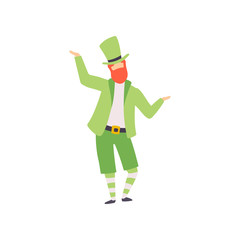 Redhead Bearded Man in Green Irish Costume and Hat, Guy Celebrating Saint Patrick Day, Masquerade Ball, Carnival Party Design Element Vector Illustration