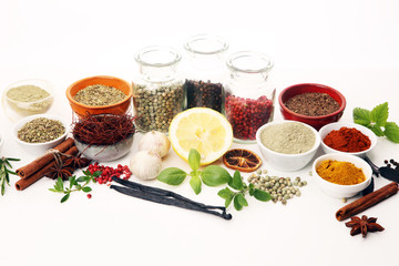 Spices and herbs on table. Food and cuisine ingredients with basil