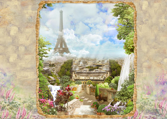 Collage - View of Paris from the Eiffel Tower from the garden with a waterfall. Photo wallpaper. Digital fresco and Modular panno.