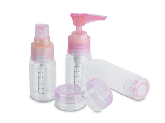 Travel set of jars for cosmetics. Shampoo, shower gel, face cream isolated on white background