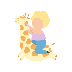 Cute Little Blond Boy Riding Toy Giraffe Vector Illustration