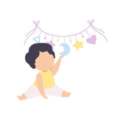 Cute Little Kid Playing with Toy Carousel Vector Illustration