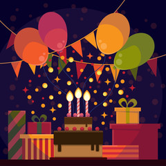 Birthday background with birthday cake, gift boxes and colorful balloons. Vector illustration.