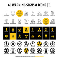 vector set of warning signs and icons, 48 isolated danger emblems, collection of creative symbols in line, flat, grunge style design, illustration of industrial shapes and elements on white background - 269340908