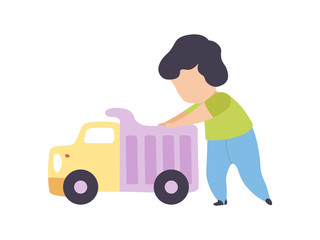 Adorable Little Boy Playing with Toy Truck Vector Illustration