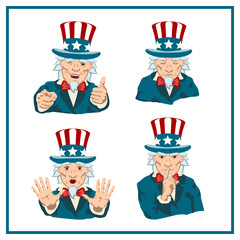 Set of uncle Sam in different poses isolated on white background