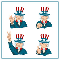 Set of smiling uncle Sam in different poses isolated on white background
