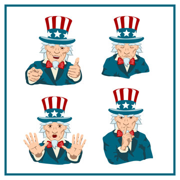 Set Of Uncle Sam In Different Poses Isolated On White Background