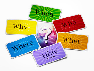 When, where, who, what, how question cards. 3D illustration