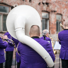Musical instrument in marching band,Trumpet players in a military band
