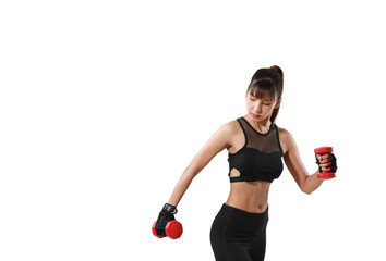 Portrait of sexy young Asian woman with dumbbell on hand in sport uniform during training on white background.