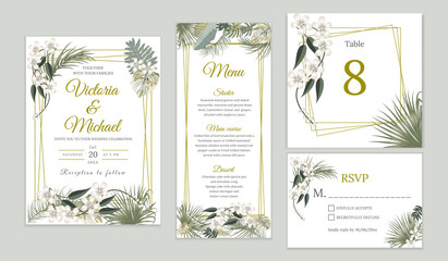 Wedding invitation card design, floral invite. Tropical jungle leaves elegant  frame set , olive green plants, palm tree leaves. Vector