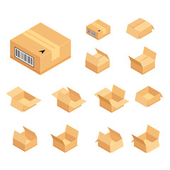 Fototapeta premium Set of isometric cardboard boxes. Delivery box package. Vector illustration isolated on white background.