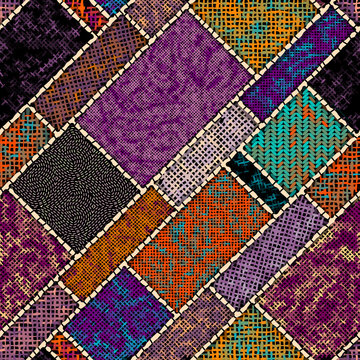 Imitation of indian patchwork pattern with texture canvas Vector seamless image.