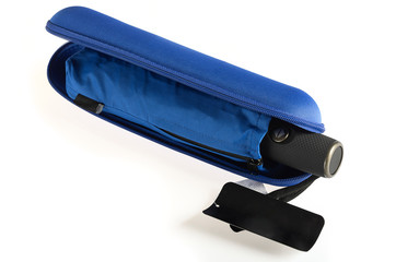 Compact waterproof umbrella with sleeve in hard case isolated on white