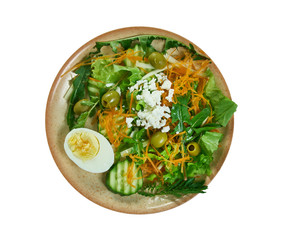 Spring salad with herbs, vegetables and eggs