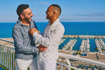 a gay couple on a sunny summer day with the sea behind them