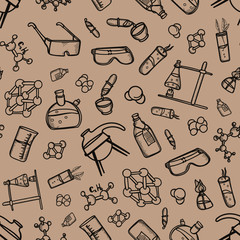 seamless pattern doodle chemistry laboratory equipment science contour image wallpaper background molecule flask pipettes