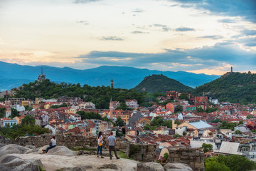 Part of ancient fortress on top of the Nebet tepe Hill in Plovdiv city, Bulgaria. Panoramic view...