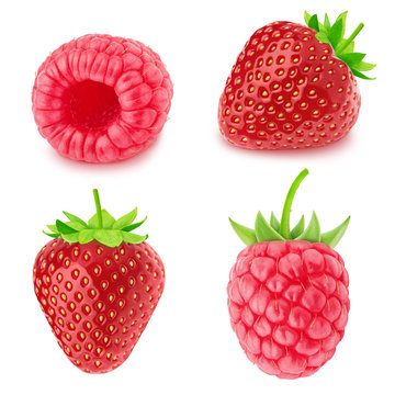 Garden beries, raspberry and strawberry isolated on a white.