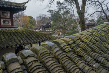 Decorative green tone roof surface china culture style with buildings and park on background