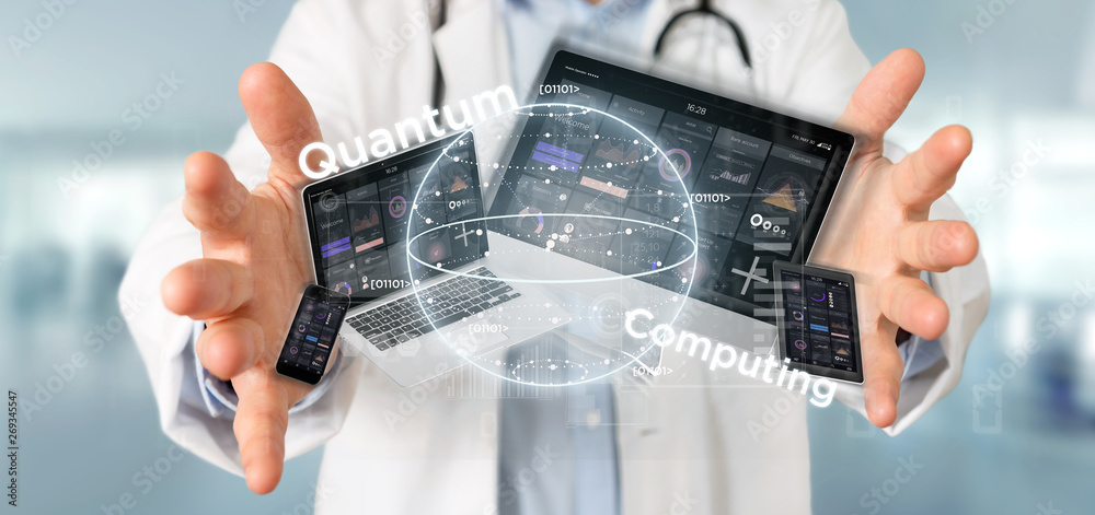 Poster doctor holding quantum computing concept with qubit and devices 3d rendering