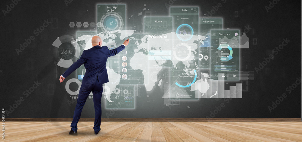 Poster businessman in front of a wall with user interface screens with icon, stats and data 3d rendering