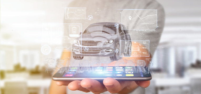 Man holding a Dashboard smartcar interface dashboard 3d rendering