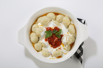 turkish traditional food named manti top view isolated