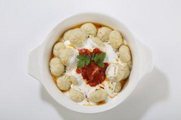 turkish traditional food named manti top view isolated