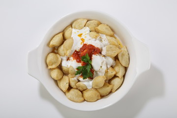 turkish traditional food named manti top view isolated