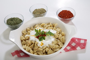 turkish traditional food named manti top view isolated