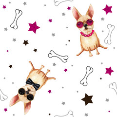 Childish seamless pattern with funny dogs. Hand drawn watercolor - 269346963