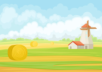 Mill and haystack in the field. Vector illustration on white background.