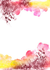 Obraz premium watercolor illustration. Vintage wild grass, flowers, plants pink, red ink, paint. Stylish fashionable card, background, pattern. Landscape - blooming field, meadow. Watercolor card, invitation, label