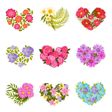 Set of compositions of flowers and leaves. Vector illustration on white background.