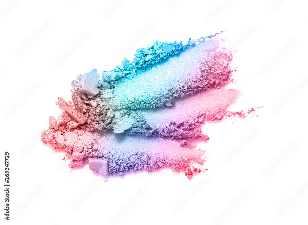 Wall mural A broken rainbow colored eye shadow smear, make up palette isolated on a white background.