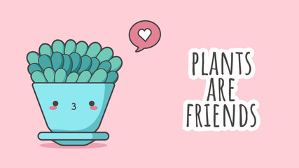 Cute cartoon line cactus with funny cute kawaii face in small pot, vector drawing. funny Valentine's day illustration. can be used for cards, invitations or like sticker. Plants are friends, print