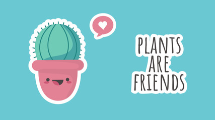 Cute cartoon cactus with funny cute kawaii face in pink small pot, vector drawing. funny Valentine's day illustration. can be used for cards, invitations or like sticker. Plants are friends, print