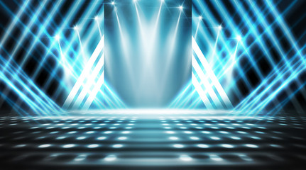 Background of empty stage show. Neon light and laser show. Laser futuristic shapes on a dark...