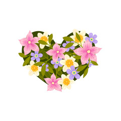 Arrangement in the shape of a heart from white, blue and pink flowers. Vector illustration on white background.