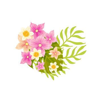 Composition in the form of heart from the small white and pink flowers. Vector illustration on white background.