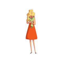 Blonde in a dress with a bouquet of flowers. Vector illustration on white background.